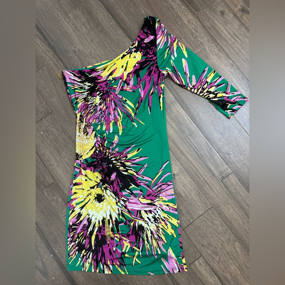 Baby Phat One-Shoulder Dress in Green, Yellow, and Purple